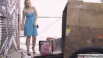 A Blonde Woman Performs A Handjob On An Unfamiliar Man'S Penis Outdoors