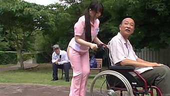 Naked caregiver in uniform tends to patient outside